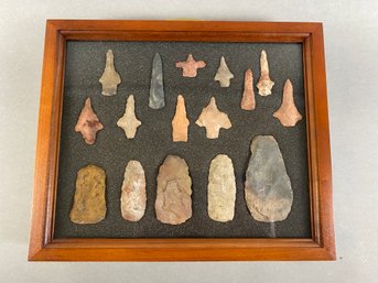 Authentic Native American Arrowhead & Axe Head Collection In Nice, Solid Wood Display Case