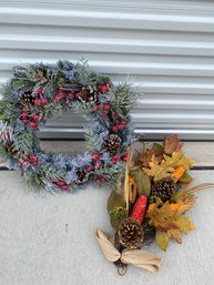 Pair Wreaths For Thanksgiving & The Holidays, Plastic Foliage & Flowers