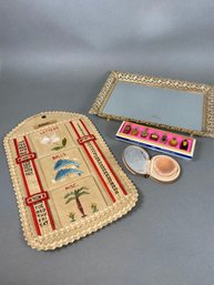 Vanity Mirror Or Tray, Animal Hide Powder Compact, Miniature French Perfume Bottles, Vintage Bamboo Calendar