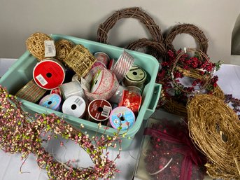 Tote Of Mostly New Ribbon And Many New Wreaths For Crafts And Holiday Decor And Bow Making