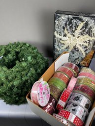 Large Box Of New Ribbon And 4 New Wreaths For Crafts And Holiday Decor And New Boxed 20 Piece Pick Set