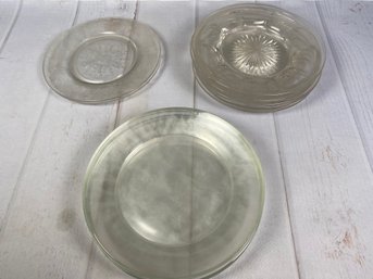 Three Stacks Of Vintage Clear Glass Salad Or Luncheon Plates Including Arcoroc, Etched & Cut Glass