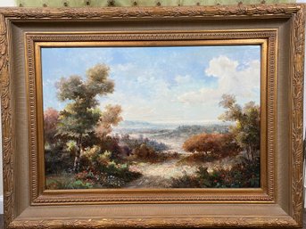Magnificent Large, Framed Oil Painting In Ornate Gold Frame, Landscape With Distant Hills Or Mountains
