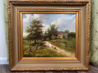 Wondeful Framed Oil Painting In Ornate Gold Frame, Country, Horse Hauling Hay