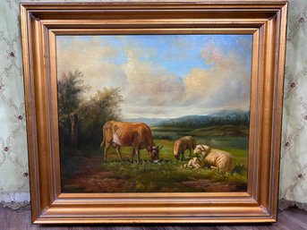 Spectacular Framed Oil Painting Featuring Grazing Cows & Sheep