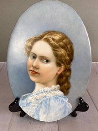 Beautiful Antique Painted Convex Porcelain Plaque Of Young Girl, Germany