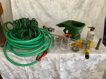 Lot Of Miscellaneous Lawn Care Supplies, Hoses, Spray Nozzles, Seed Or Fertilizer Spreader, Sprayer