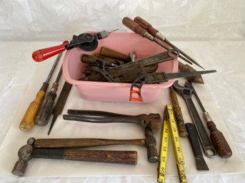 Lot Of Vintage And/or Antique Hand Tools And A Plastic Tote, Wrench, Drill, Screwdriver, Hammer