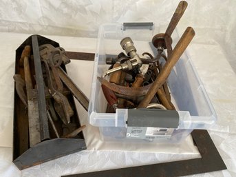 Lot Of Vintage And/or Antique Hand Tools, A Metal Tray And A Tote, Tin Snips, Hammer, Wrench, Drill