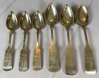 Six Antique Coin Or Sterling Silver Spoons, Serving And Tablespoons, Monogrammed, 275 Grams