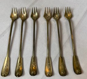 Six Antique Sterling Silver Cocktail Forks, M Tiffany & Co, Pat. 1871, Monogrammed, Palm Pattern, 140 Grams