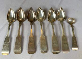 7 Pieces Of Antique Coin Or Sterling Silver Spoons & A Small Ladle Monogrammed, 125 Grams