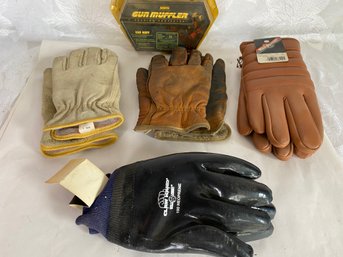 Assorted Men's Leather And Neoprene Gloves, Noise Cancelling Ear Muffs, Hearing Protection, Claw Hand