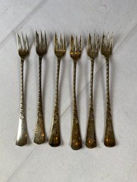 Six Antique Sterling Silver Cocktail, Seafood Or Shrimp Forks, Engraved, 90 Grams