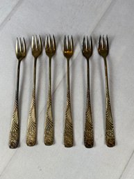 Six Antique Silver Plate Cocktail Or Seafood Forks, 1847 Rogers Bros., Daisy