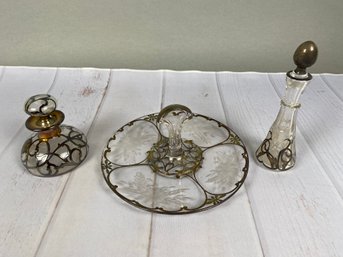 Lovely Set Of 3 Antique Art Nouveau Pieces With Sterling Silver Overlay, Tidbit Tray, Decanter, And Cruet