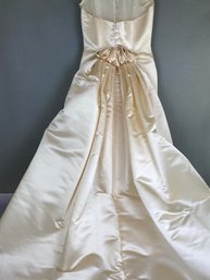 Elegant Amsale Champagne Colored Satin Column Wedding Dress Gown, Detachable Rose Button Train
