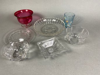 Assortment Of Pretty Glassware Including Painted Tumbler And Cranberry Colored Footed Bowl