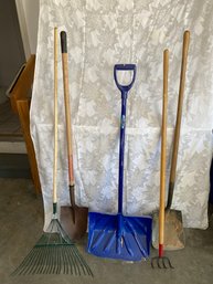 Collection Of Miscellaneous Lawn And Garden Yard Tools, Shovel, Rake, Hoe, Snow Shovel