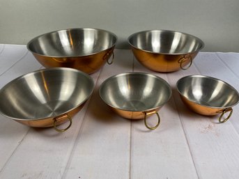 Beautiful Set Of Five Copper And Stainless Steel Nesting Bowls With Rings And Rolled Edges