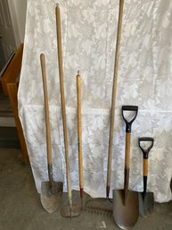 Lot Of Miscellaneous Yard Tools, Shovels, Hoe, Rake, Weeding Tool And Child's Shovel