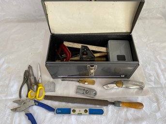 All American 16 Toolbox Full Of Miscellaneous Tools, Pliers, File, Hammer, Box Cutter, Level