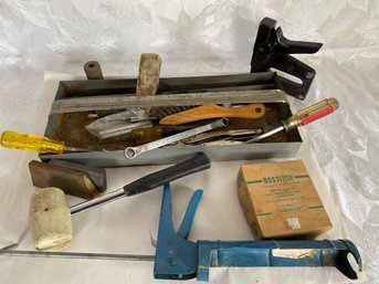 Lot Of Miscellaneous Tools In Metal Tray, Vintage Staple Gun, Caulk Gun, Sharpening Stones, Chisels