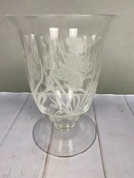 Stunning Tiffany Crystal Etched Hurricane Vase, Butterflies, Turtle And Cattails