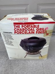 Vintage Round Portable Cornucopia Charcoal Grill With Porcelain Finish - New Old Stock, Model 22014