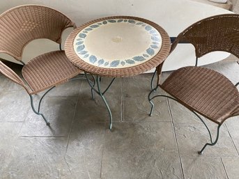 Cute Two Seat Cafe Or Patio Table With Woven Seats, Metal Frame And Stone Or Ceramic Top