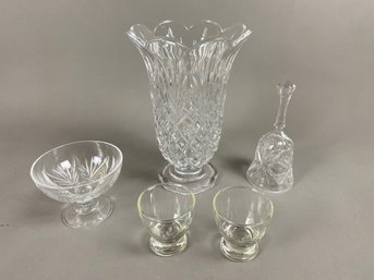 Beautiful Cut Glass Crystal Vase With Pineapple Pattern, Bell, Candle Holder, And Etched Glasses