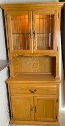 Small Lighted Oak China Hutch, Coffee Station Or Bar With Lead Pane Glass Doors And Storage