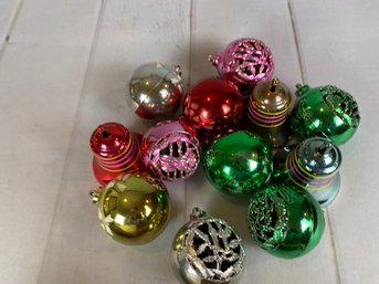 A Dozen Vintage Bradford Plastic Christmas Ornaments, Balls & Bells