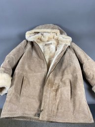 Women's Suede Leather Hooded Jacket Or Winter Coat With Faux Fur