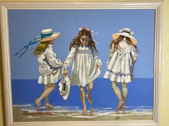 Adorable Vintage Framed Painting Of Three Girls In The Ocean By Author & Painter Dore Singer