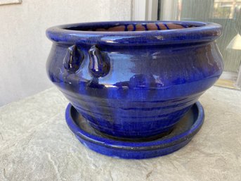 Stunning Cobalt Blue Flower Pot Planter With Undertray, 12-1/2', Frog Accents On The Side, Lot A