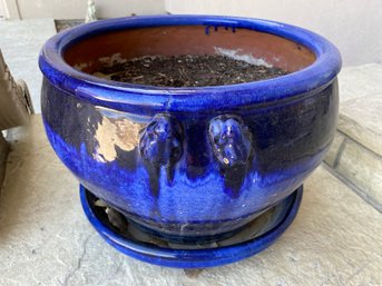 Vibrant Cobalt Blue Flower Pot Planter With Undertray, 17-1/2', Frog Accents On The Side, Lot B