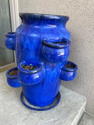 Incredible Cobalt Blue Hens And Chicks Flower Pot Planter With Undertray, 12-1/2', Lot C