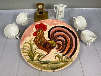 Fun Lot Of Arzberg China Teacups, A Haviland Creamer, Brass Inkwell And Rooster Chop Plate From Italy