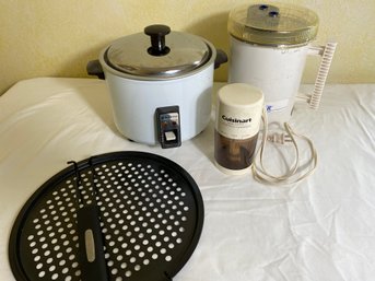 Kitchen Appliances Including Nordicware Supremer Ice Cream Maker, Grinder, Pizza Pan & Sanyo Electric Cooker