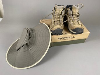 Merrell Hiking Boots, Pulse Mid Waterproof Loden, Size 8 And REI Wide Brim Adustable Hat Sun Shade Size S/M