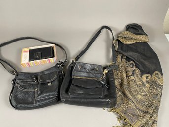 2 Black Leather Purses Or Shoulder Bags By Rosetti & Sonoma, Rosetti Wallet And Scarf Or Wrap