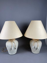 Pair Of Cabin Or Rustic Themed Ceramic Table Lamps And Shades With Rope Accents