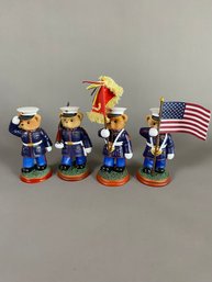 4 USMC Marine Bear Figurines, Semper Fi, In Tune With The Corps From The Hamilton Collection