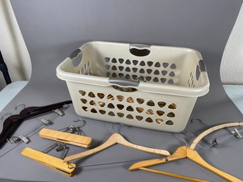 Laundry Basket And Wooden Hangers For Jacket, Shirts, Pants