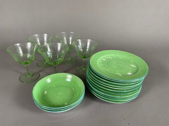 Green Glass Champagne Glasses And Green China Snack Plates And Bowls By Meito