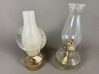 Pair Of Vintage, Clear Glass Oil Lamps