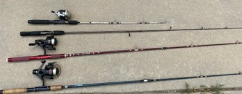 Set Of 4 Fishing Poles, Quantum XT3 Spinning Reels, Shakespeare, Berkly, Brave Eagle, Zebco, Cirrus