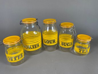 Awesome Set Of Vintage Glass Canisters With Yellow Design, Cookies, Flour, Sugar, Tea, And Coffee