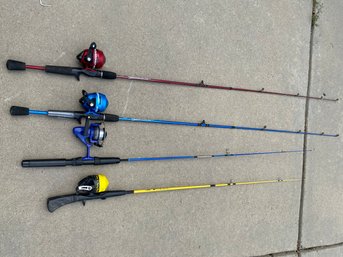 Set Of 4 Fishing Poles, South Bend 305, Sunny Day Bear, Zebco, Spinning Reel